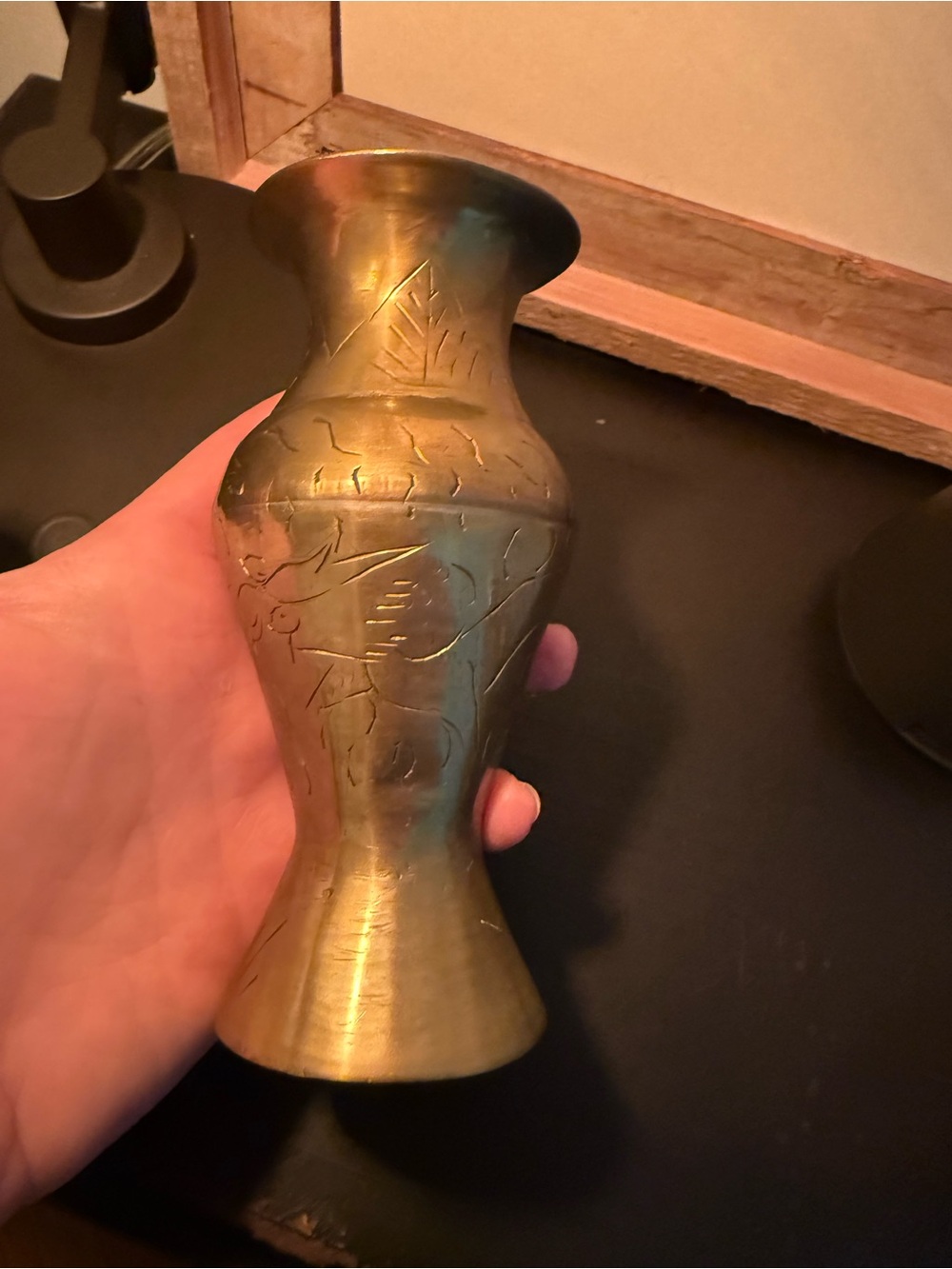 Brass Decorative Vase with Floral Etching - Gold Finish